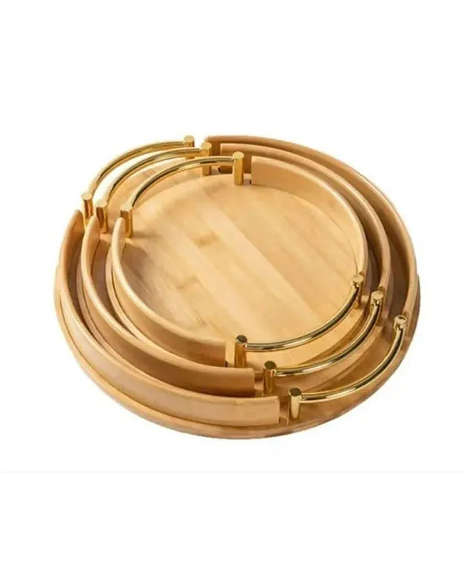 سینی بامبو لبه دار دسته طلایی مدل گرد ست 3 سایز