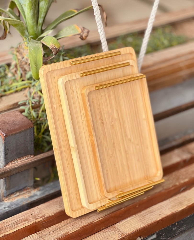 سینی بامبو دسته طلایی رنگ ثابت مدل لبه دار ست 3 سایز