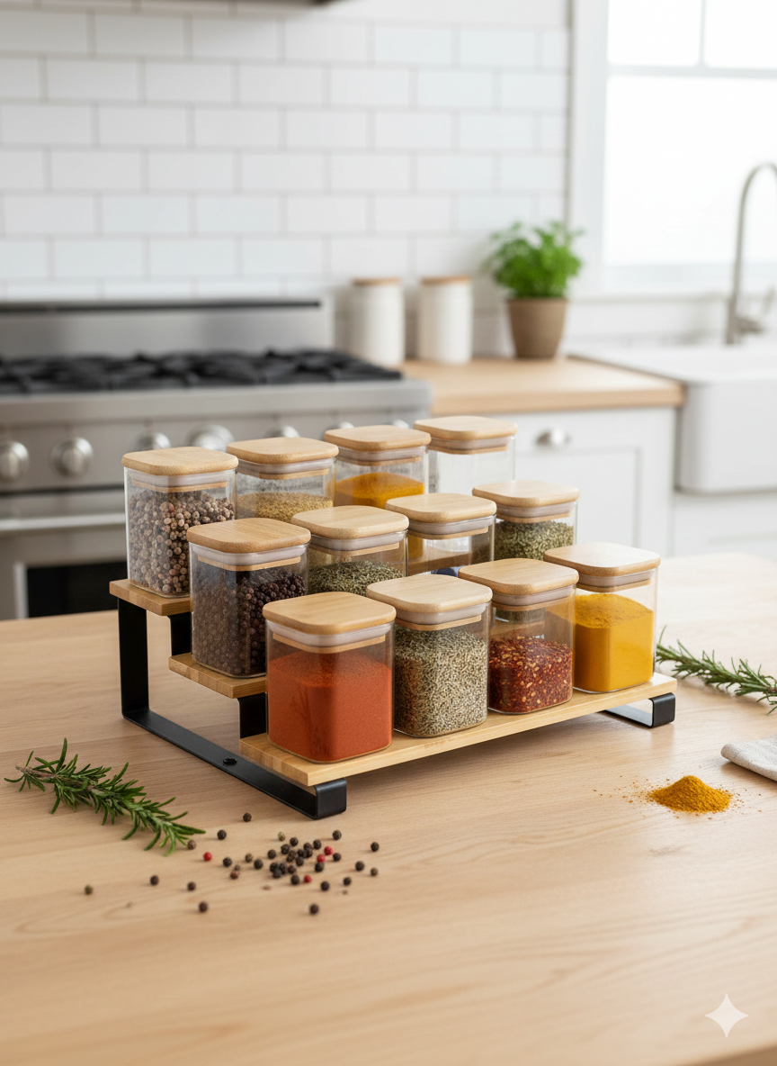 ست کامل جا ادویه پیرکس 12 عددی به همراه استند بامبو